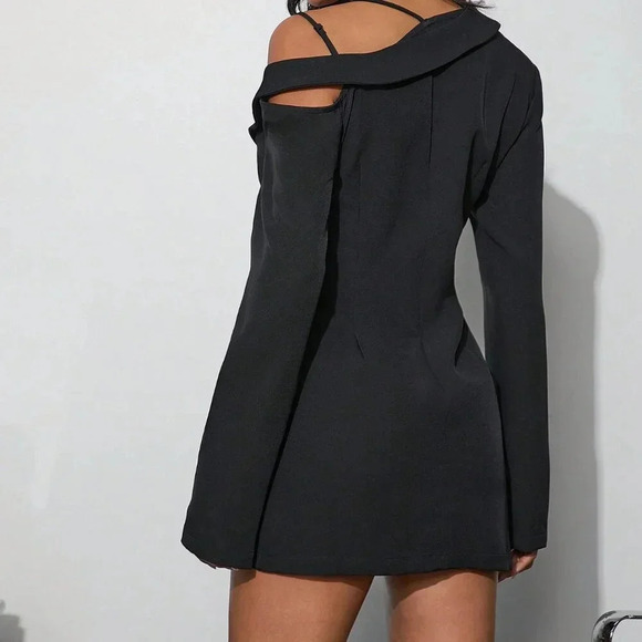 Black Elegant Women's Sexy Solid Asymmetrical Blazer Mini Dress - Picture 4 of 6